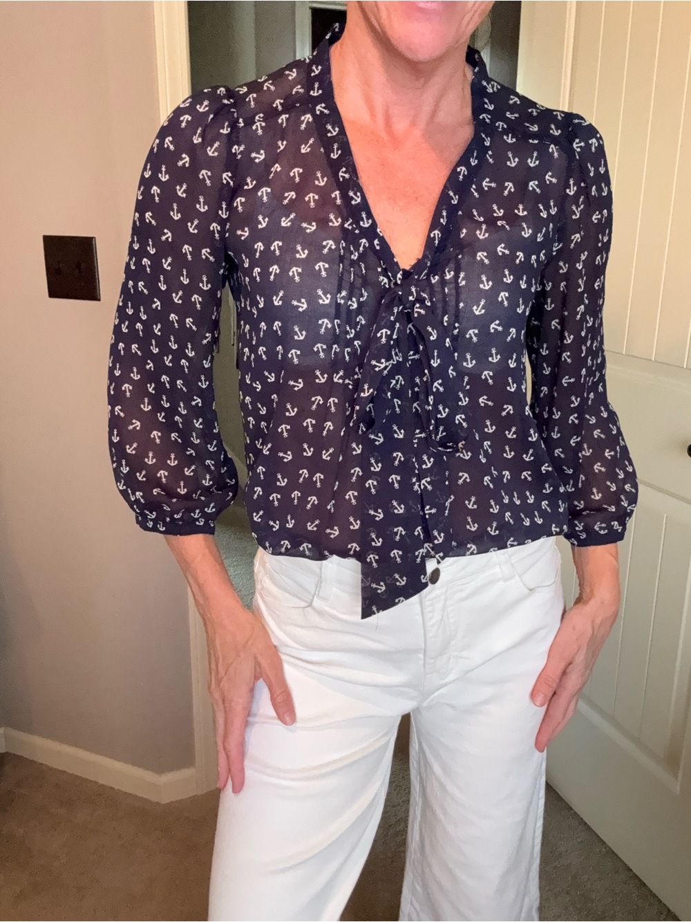Old Navy Navy Anchor Tie-Neck Blouse